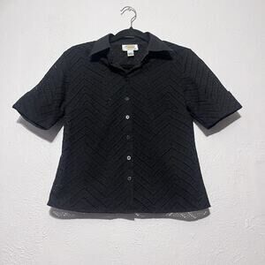 Talbots Crochet Short Sleeve Button Up Eyelet Collard Black Blouse Size 5 Petite